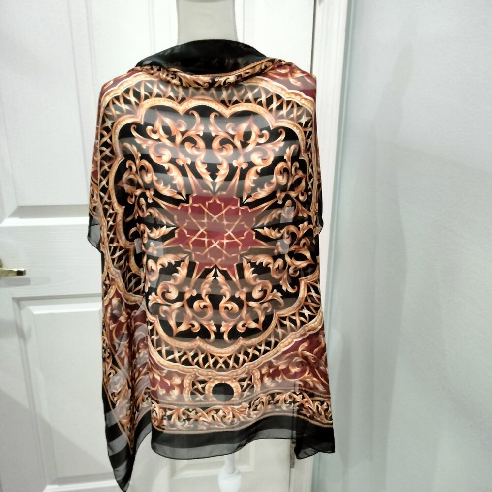 Sheer Scarf, Gold, Black, Burgundy Medallion Pattern, 34" Square, Polyester, New - Picture 9 of 10